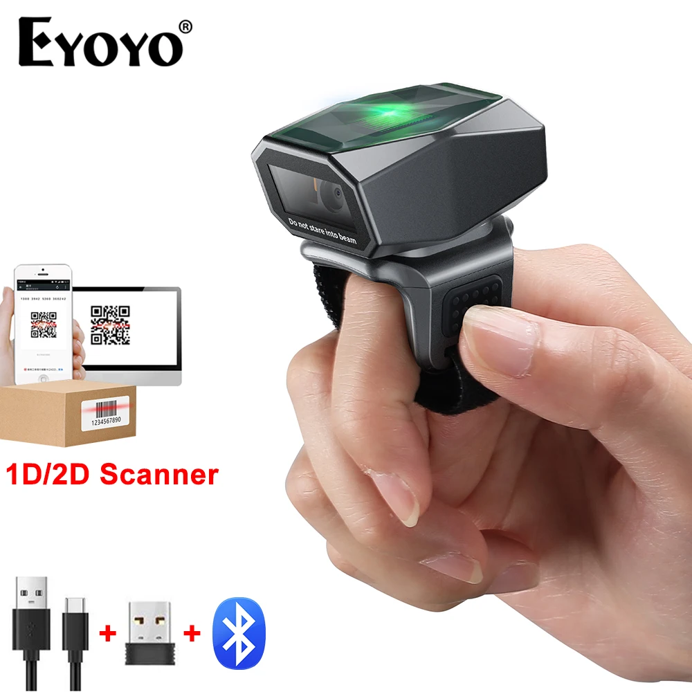 Eyoyo EY-016ZP Wireless Bluetooth Scanner Wearable Ring 2D QR Code Reader 3-in-1 USB Wired 1D Barcode Data Matrix Finger Trigger