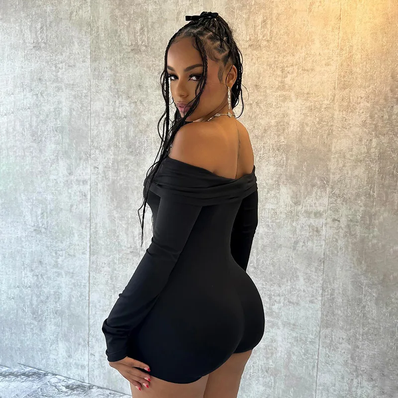 ヨーロッパとアメリカの女性の新しいファッションワードショルダープリーツ長袖タイトなハイウエスト気質結合ショーツ女性