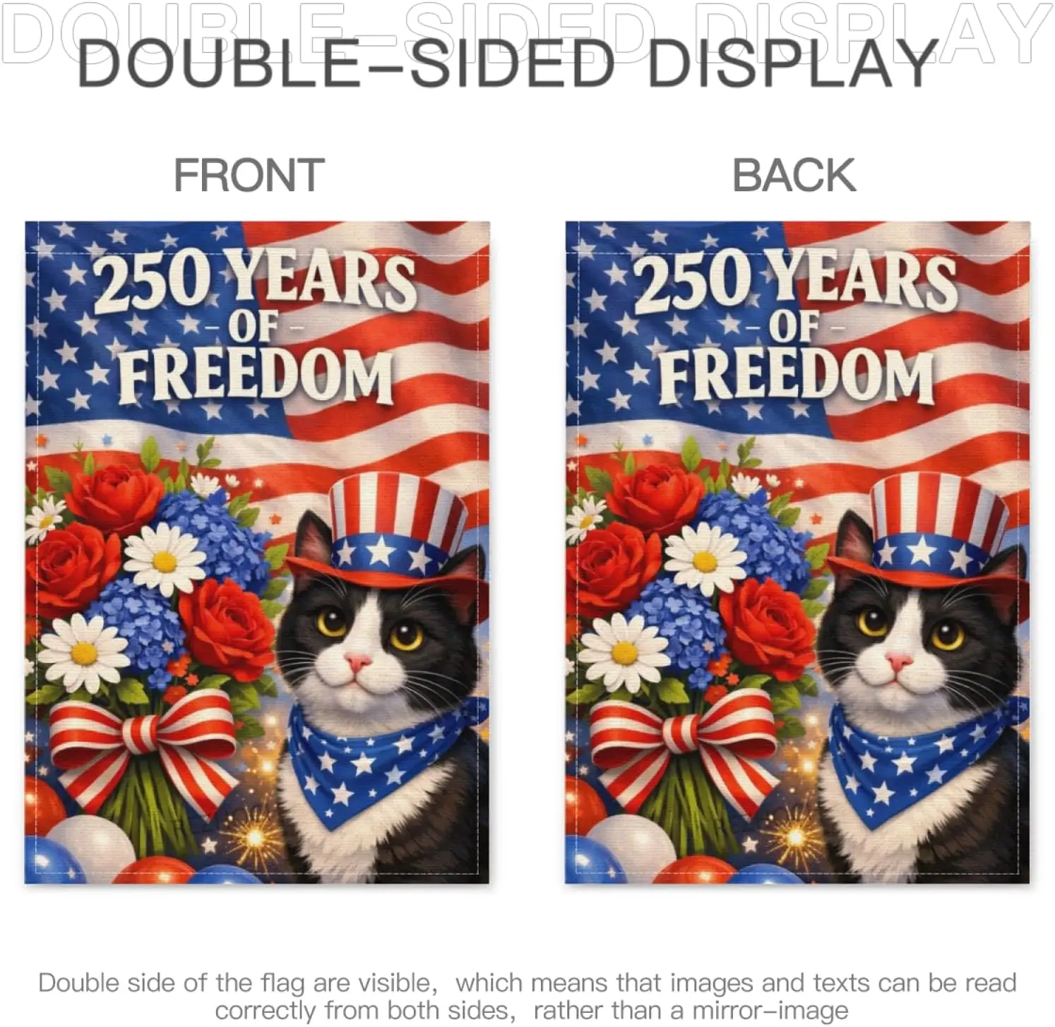 American 250th Anniversary Garden Flag 28x40 Inch,Patriotic Tuxedo Cat 250 Years of Freedom,Independence Day 4th of July Dec AAM view 3