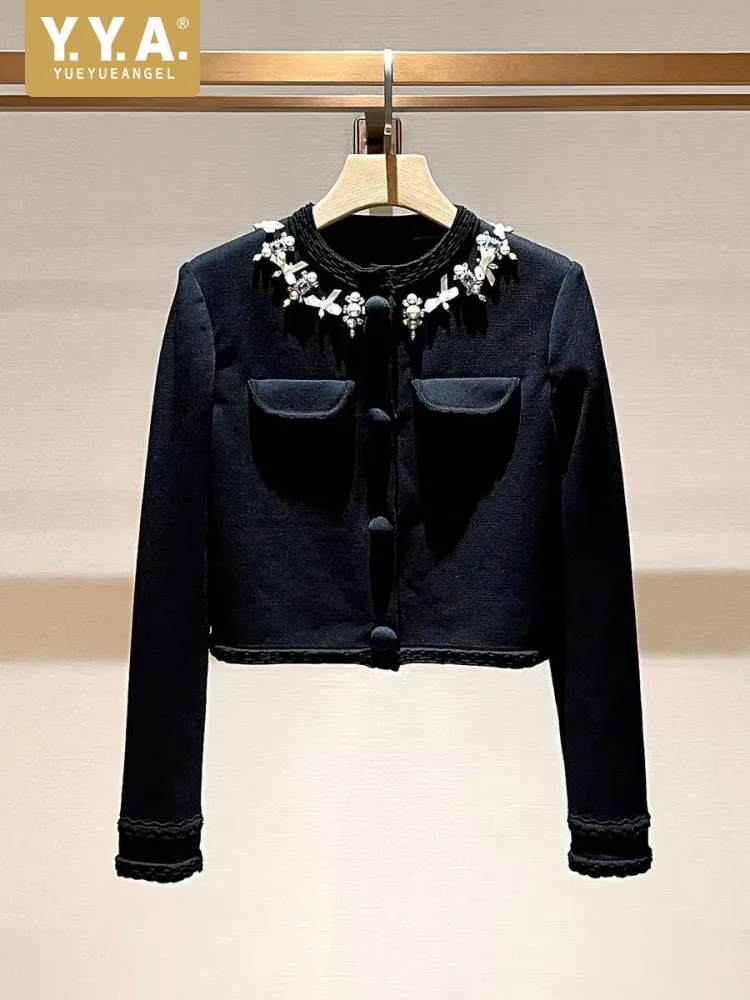 

Diamonds Beading O-Neck Women Jacket Long Sleeve Bowknot Short Coat Fashion Single Breasted Straight Outerwear Elegant Coats