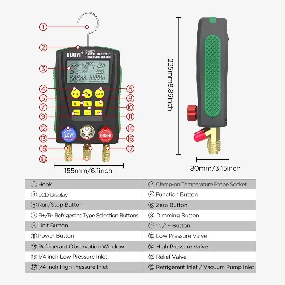2026 Hot Sale DY517 PLUS Pressure Gauge Refrigeration Digital Vacuum Pressure Manifold Tester Air Conditioning Temperature view 4