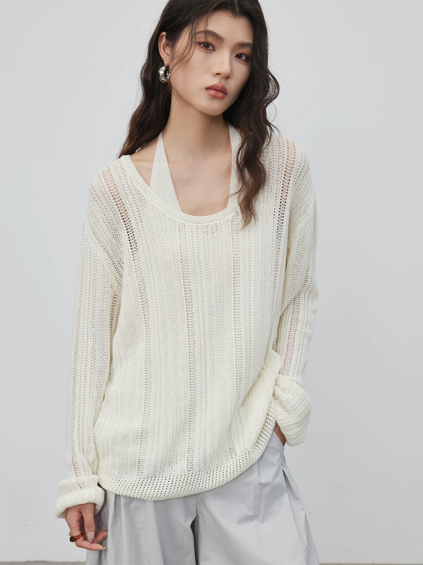 

KEARA Soft Linen Hollow out Knitted Top Women's Loose Casual Loose Feeling Fake Two-Piece Sun Protection Summer Top