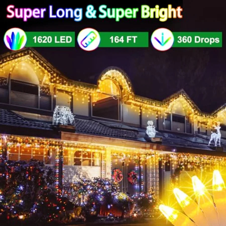 164Feet 1620 LED Outdoor Christmas Lights - 360 Ice Drops 12 Pro Modes with Timer Memory and Brightness Waterproof Hanging Ice