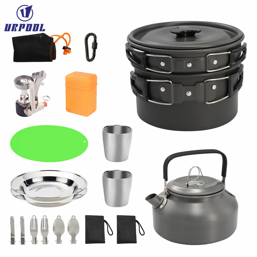 Olla de aleación de aluminio para acampar, juego de vajilla turística para senderismo, Picnic, con cuchara plegable, Mini estufa de Gas, utensilios de cocina para viajes de acampada al aire libre