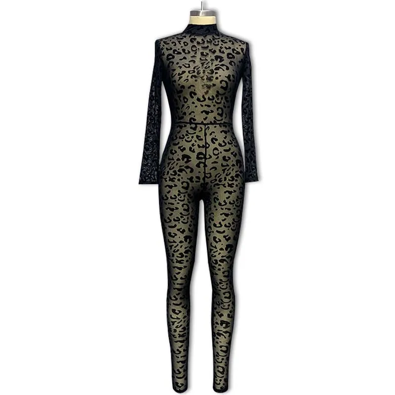 Jumpsuit Women 2023 Spring Fashion Leopard Print Mock Neck Casual Long Sleeve Skinny Daily Semi-Sheer Jumpsuit Y2K Streetwear