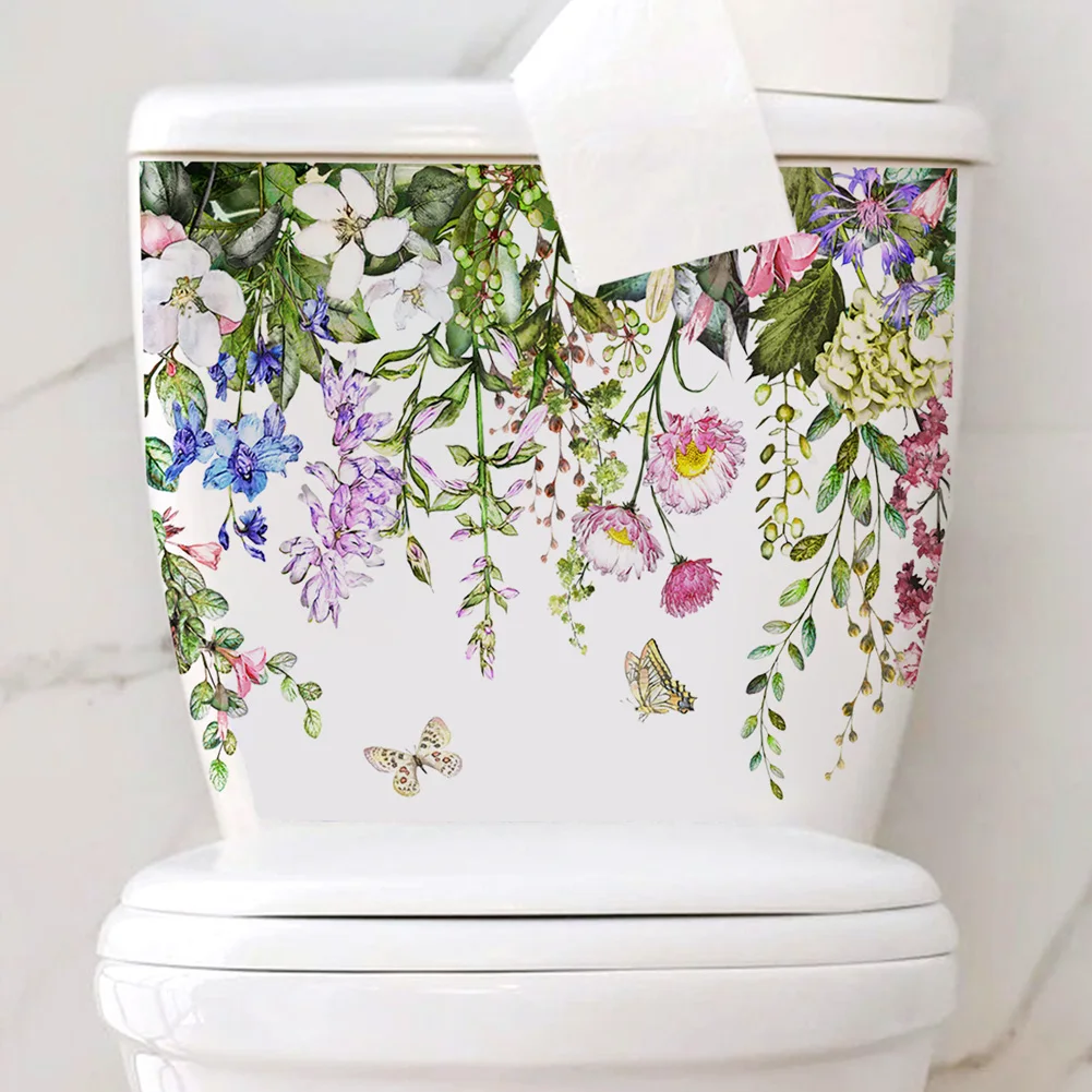 Plants Flowers Butterflies Wall Sticker Toilet Decor Decals Room Cabinet Home Decoration Bathroom Beautify Self-adhesive Mural