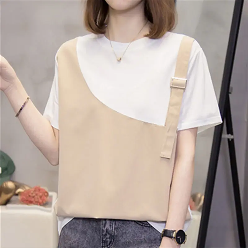 

Elegant Fashion Harajuku Slim Fit Female Clothes Loose Casual All Match Tshirts Solid O Neck Short Sleeve Tees Fake Two Pieces