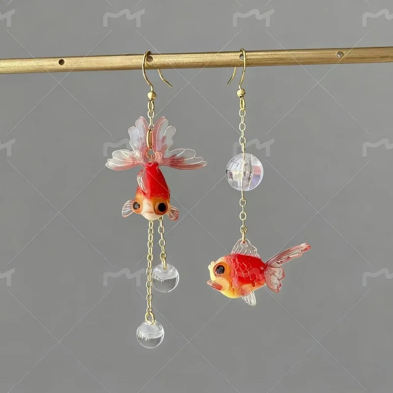 Goldfish and Bubble Dangle Earrings - Red goldfish earrings - Unique Dangle