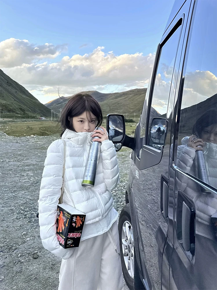 

White Hooded Women's ort Fit Du down Jaet 90% White Du Feather Bread Sle Coat Warm Casual Sle Zipper Closure