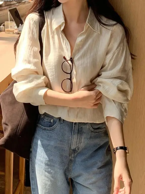 Frauen Hemd 2025, Herbst Winter Casual Minimalistischen Stil Polo Kragen Strickjacke Hemd Temperament Pendeln Retro Elegante Hemd
