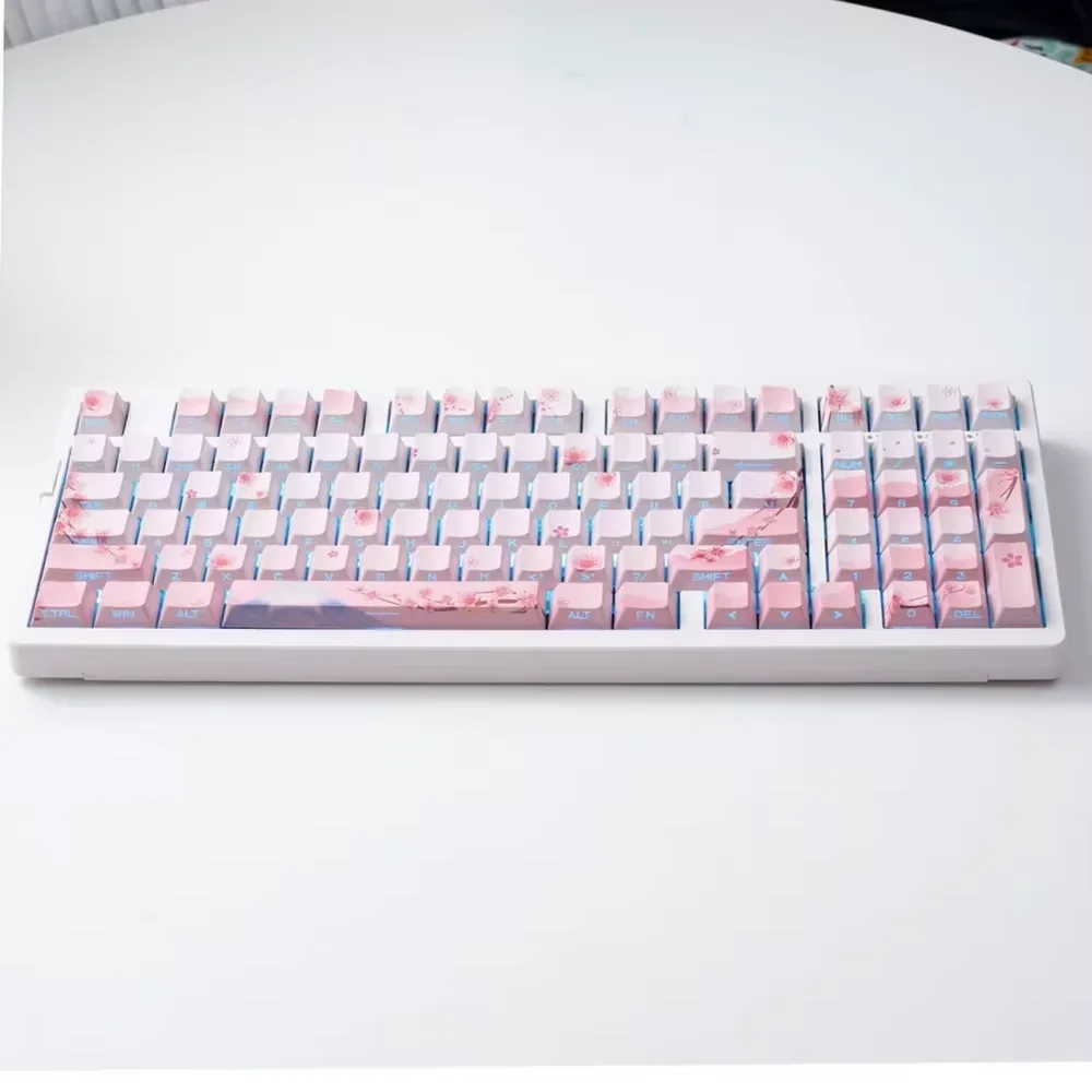 Sakura Pink Side Engraved Keycap Set PBT Translucent 127 Keys for MX Switch 60/84/90/104/108 Mechanical Keyboards