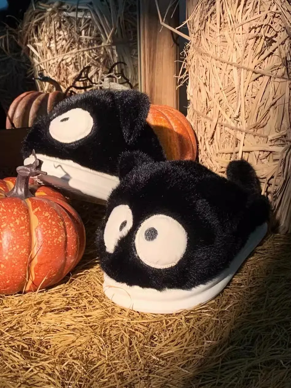Man Women Cotton Slippers Funny Instagram Big Eyes Black Cat Home Slippers Casual Winter Soft Soled Indoor Household Slippers