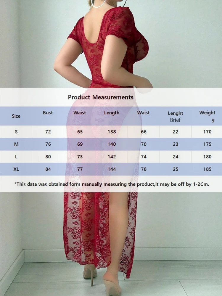 Hot Sexy Underwear Lace Transparent Dress Women Night Club Lingerie Claret Short Lantern Sleevele High Slit Wrapping Square Neck