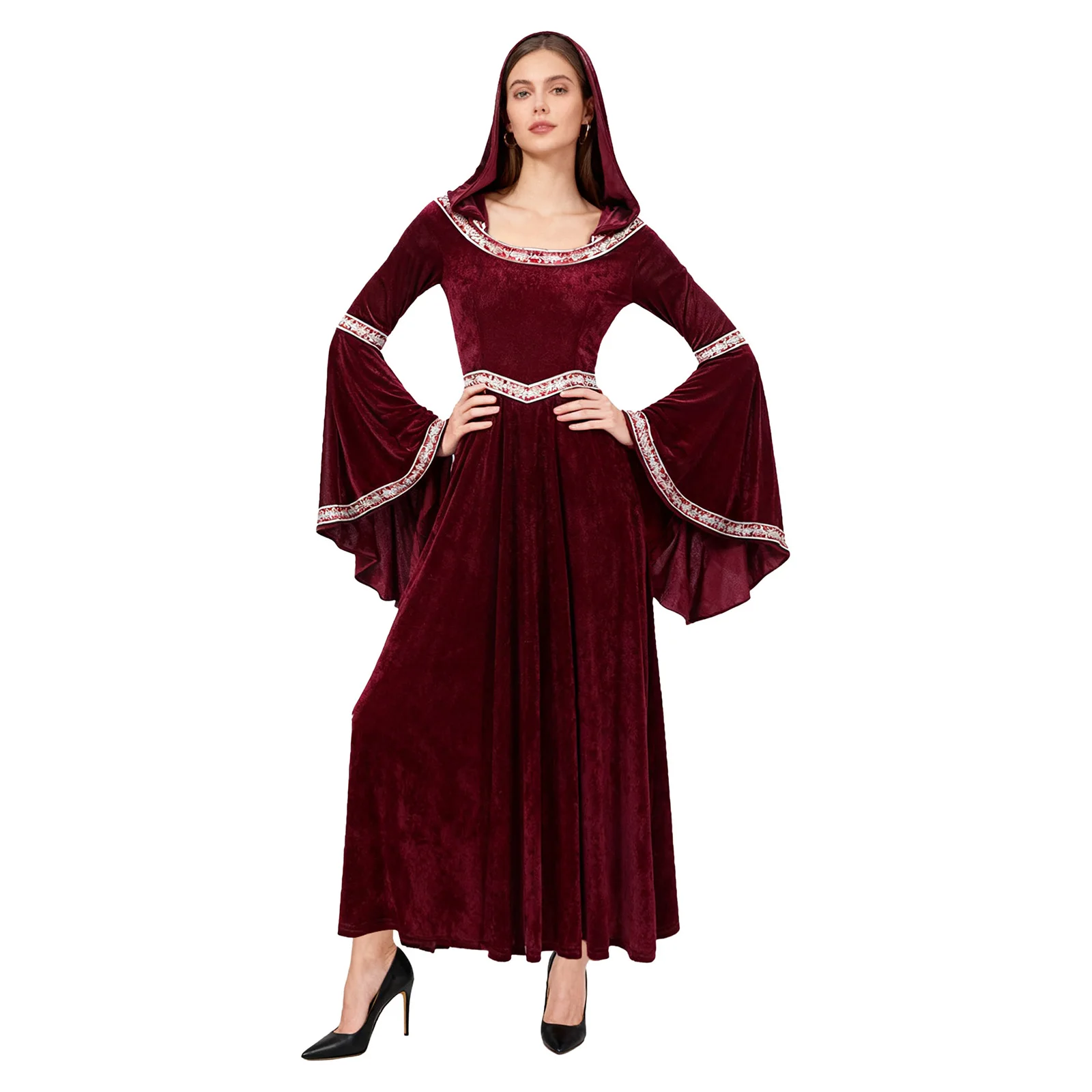 

Women Medieval Vampire Witch Cosplay Hooded Dress Flared Sleeve Vintage Trim Velvet Maxi Dress Hooded Robe for Raves Halloween