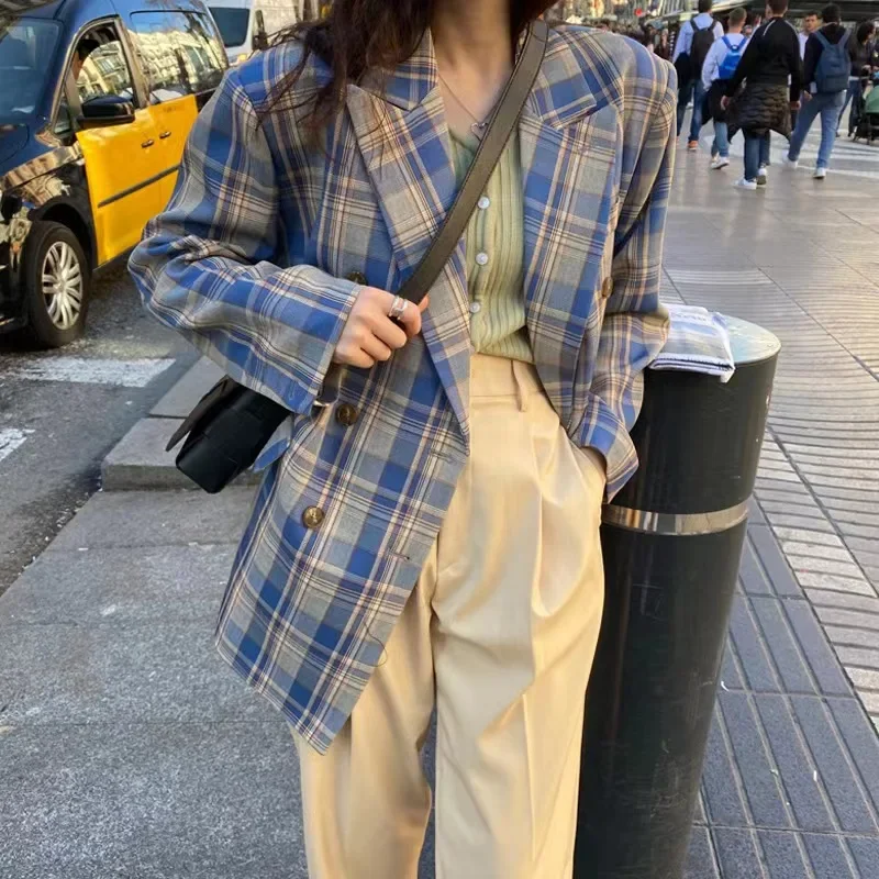 Vintage Loose Women Plaid Blazer 2023 Autumn Chic Double Breasted OL Female Long Sleeve Suit Jackets Oversized Blazers Long