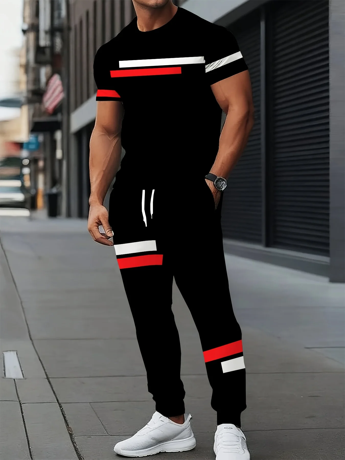 

American striped print summer new men's breathable and comfortable round neck T-shirt and pants set outdoor casual clothing