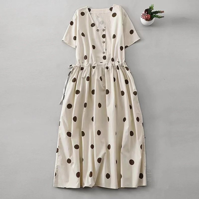 

Classic Vintage Polka Dot Women Dresses 2024 New Summer V-Neck Short Sleeve Retro Women Daily Dress Literary Streetwear Dress