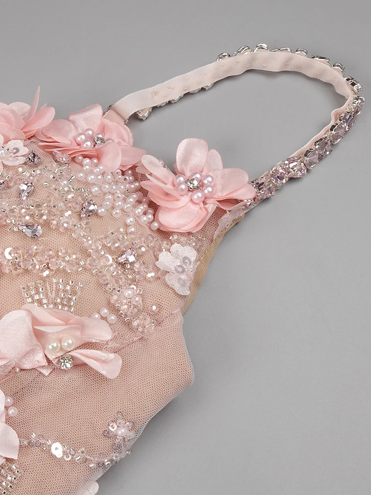 المشاهير حزب ثوب الماس مطرز السباغيتي حزام فستان طويل اللؤلؤ الترتر منظم الزهور عالية سبليت بقماش شفاف العصرية