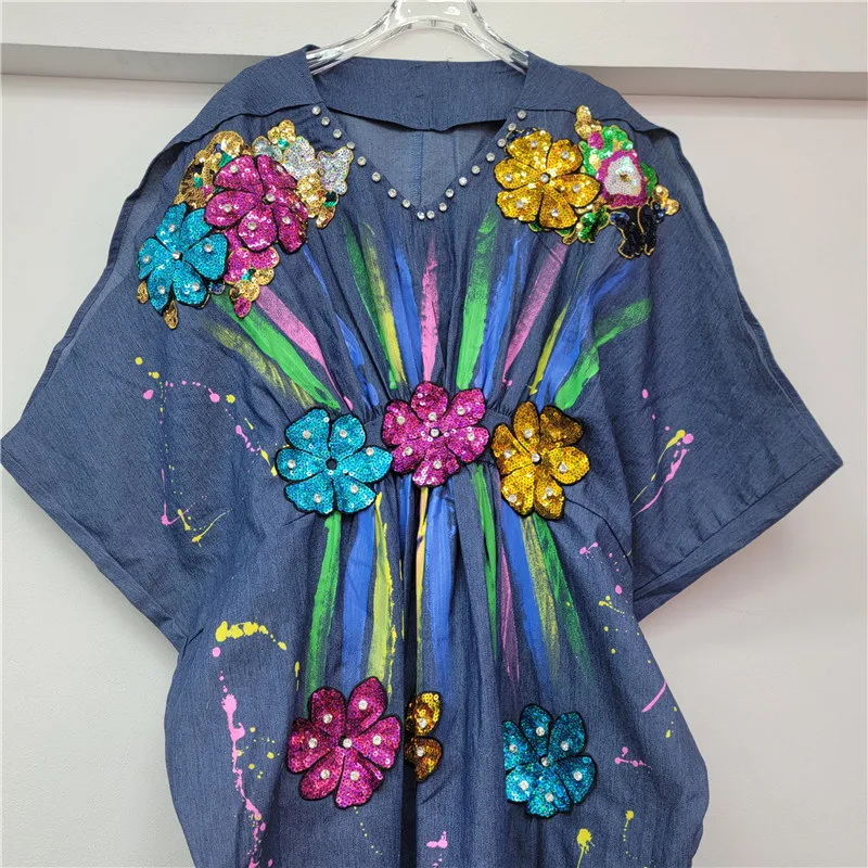 夏の新しい女性のルーズオーバーサイズデニムドレス重工業ネイルダイヤモンド V ネックロング Vestidos ファッショナブルで薄いロングドレス