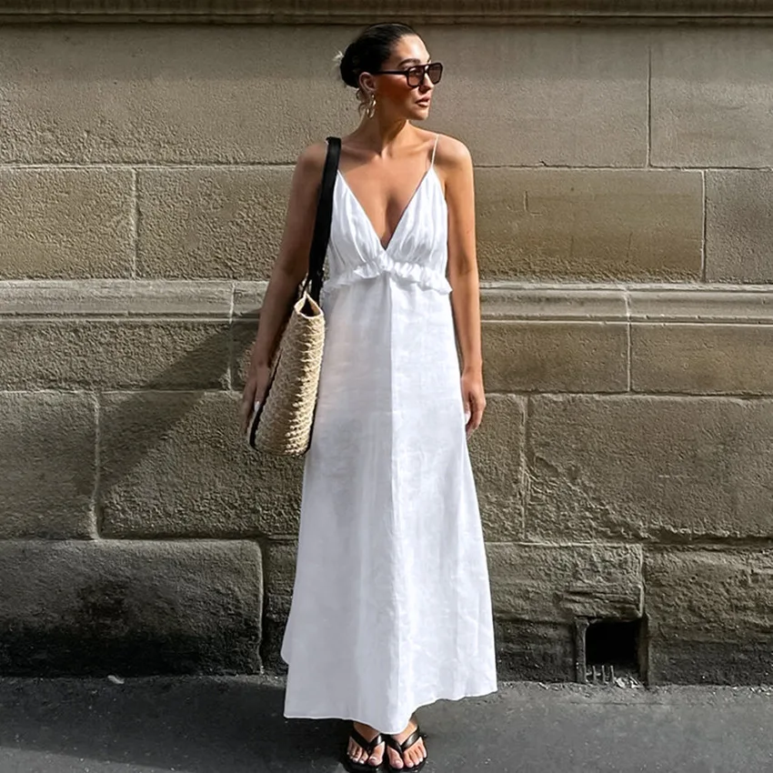 

Stylish White Deep V-neck Dress Women's Summer Simple Loose Cotton and Linen Ruffle A-shaped Skirt