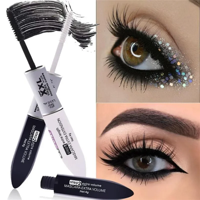 Makeup 2 IN 1 4D Silk Fiber Eye Mascara Long Eyelash Curling Lengthening Double Extension Black White XXL Lash Mascara Cosmetics