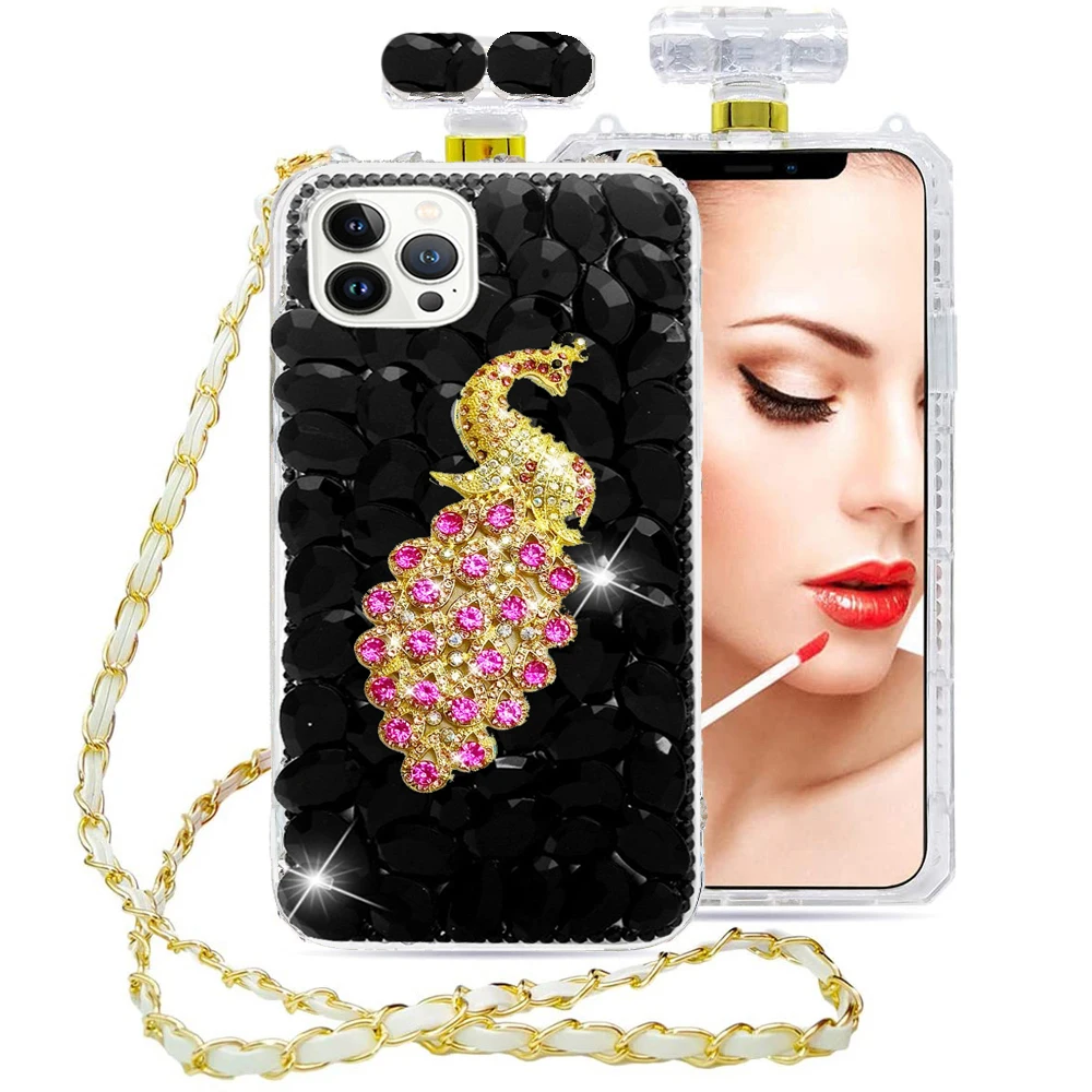 Peacock Diamond Rhinestone Phone Case for iPhone 15 14 13 12 11 Pro Max for Women with Leather Long Lanyard Cover