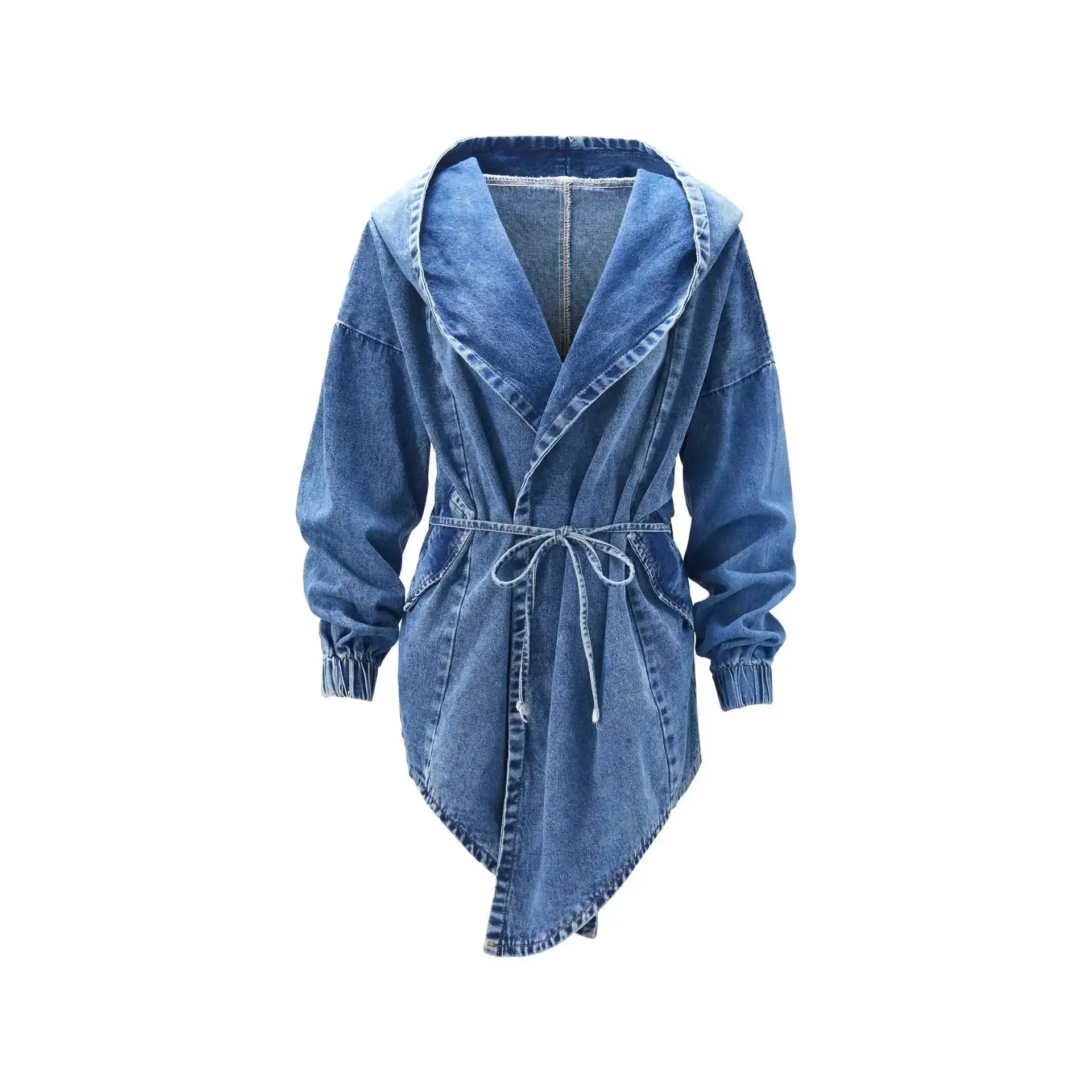 

Spring and Autumn New Waist Denim Trench Coat Long-sleeved Denim Korean Cardigan Cape Coat