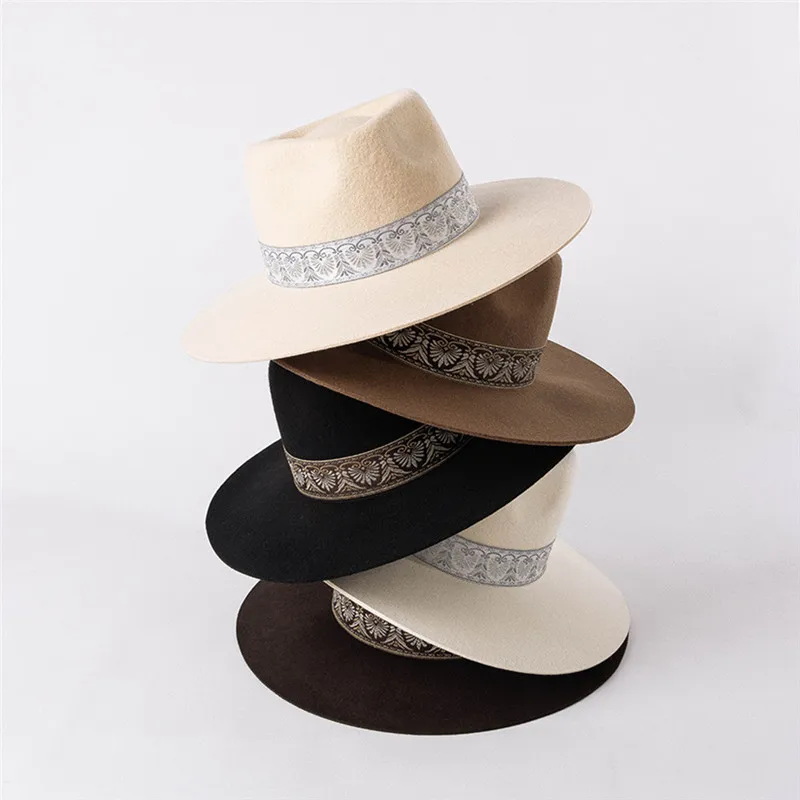 USPOP 2022 New Autumn Vintage Embroidered Ribbon Wide Brim Wool Jazz Fedoras Winter Women Wool Hats