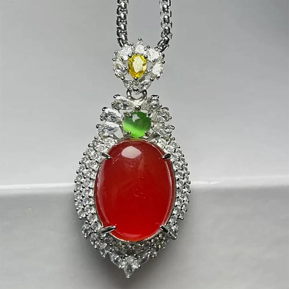 

Certified Natural High Ice Red Jade Jadeite Inlay Egg Face Pendant&