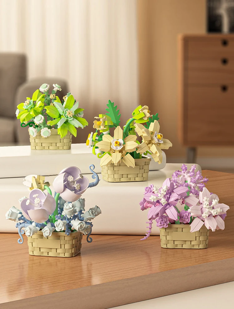 DIY MOC Topf Rose Sonnenblumen Pflanzen Sukkulenten Bonsai Baum Gärten Romantische Bausteine Modell Ziegel Kind Sets Kits Spielzeug Mädchen – Detail 4