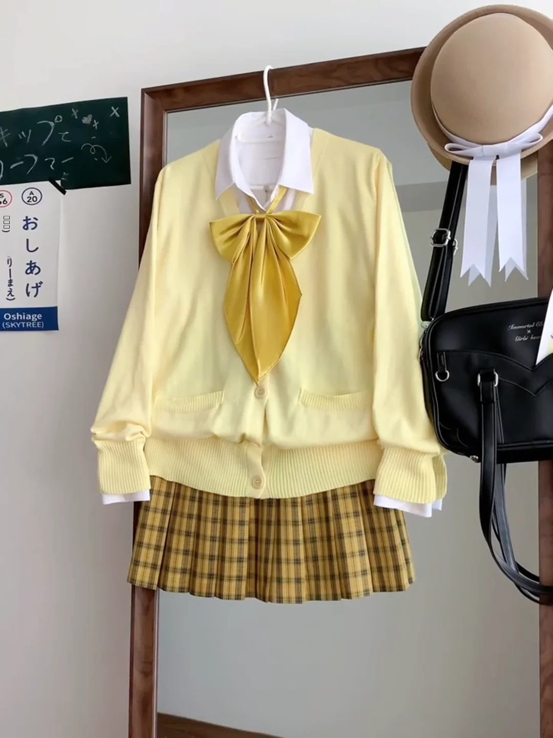 

Японский стильный комплект для колледжа: женский осенний желтый вязаный кардиган с V-образным вырезом, длинный рукав, плиссированный свитер