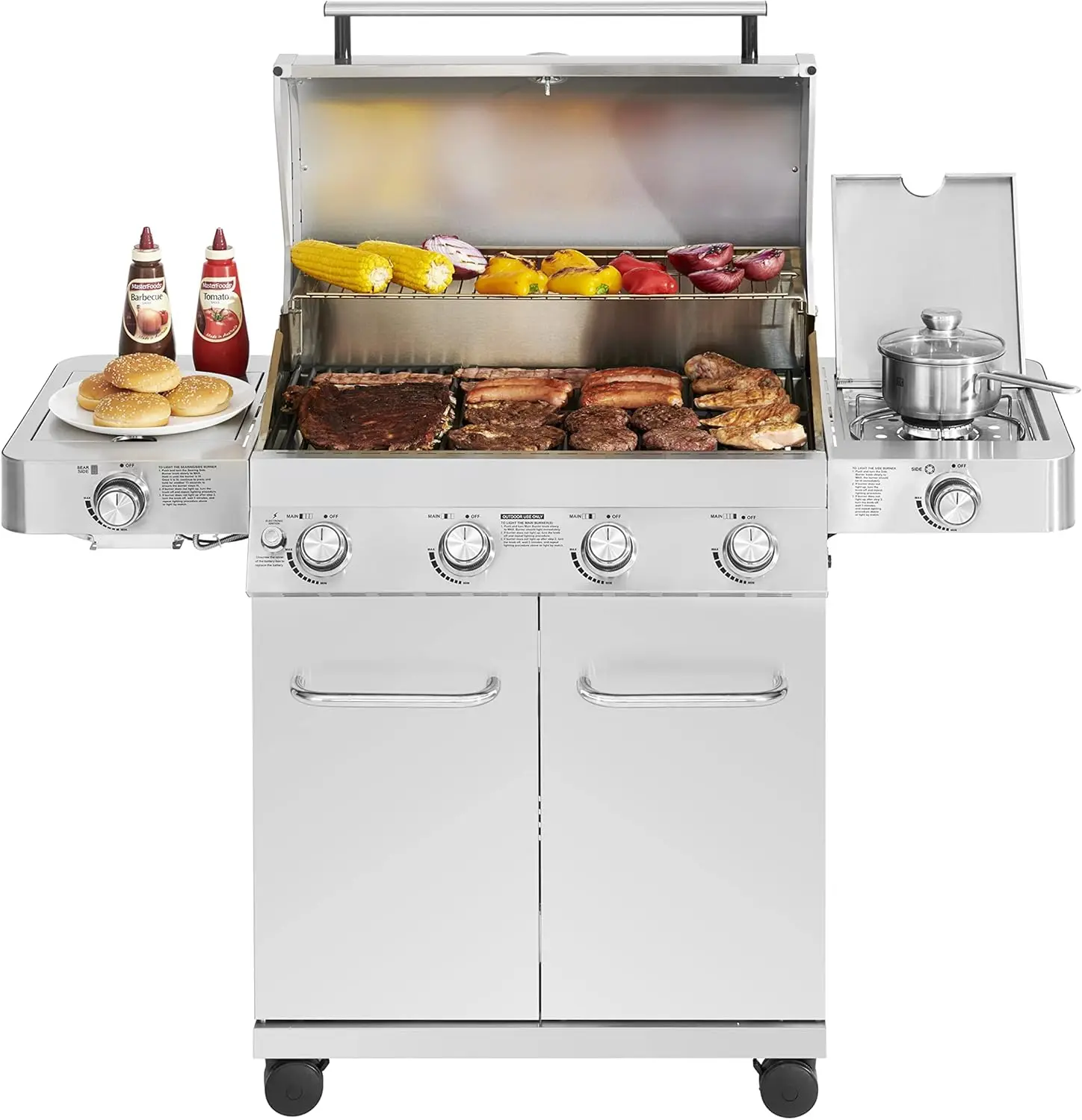 

Monument Grills Larger 4-Burner Propane Gas Grills Enclosed Cabinet Stainless Steel with BBQ Cover(2 Items)