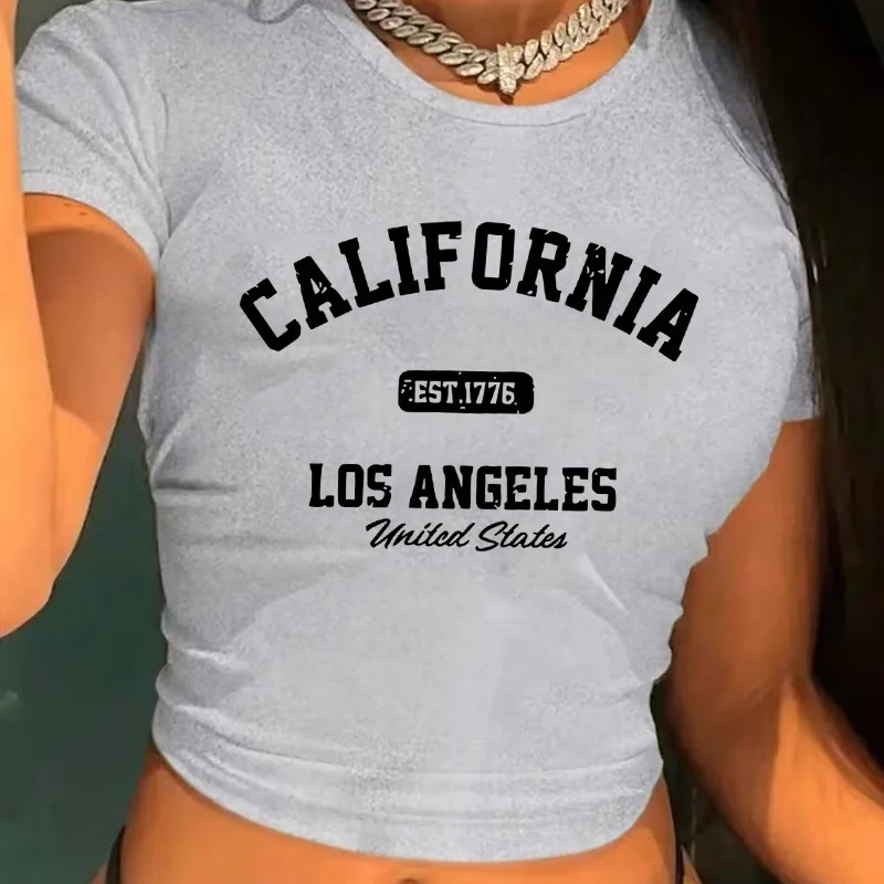 Women's California Crop Tops with Heart Design Print EST 1776 LOS ANGELES United States Print Cropped T Shirt Graphic Tshirt