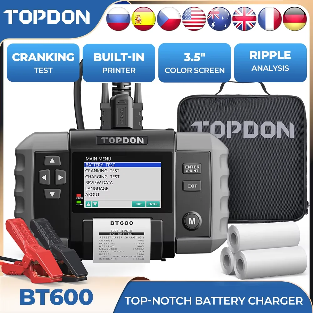 

TOPDON BT600 12V 24V Car Battery Tester Lead Acid Vehicle Automotive 3.5 Inch screen Car Truck Charging Cranking Analyzer