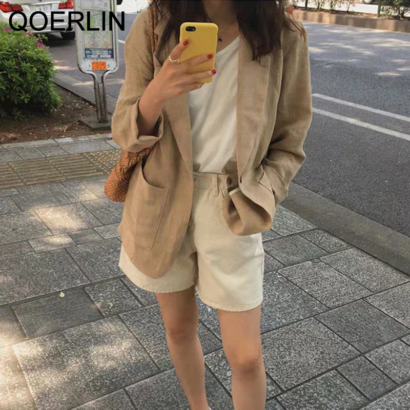 QOERLIN Suit Blazer Thin Cotton Linen Suit Clothing 2022 Spring Fll New Korean Retro Loose Casual Suit Jacket Coat