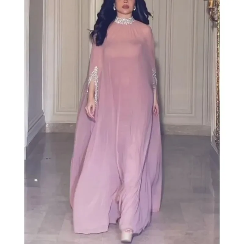 Banquet Evening Dress Two-Piece Set Outfits Y2K Cloak Sequin Chiffon Dress Women Batwing Sleeve Muslim Abaya Caftan Robe