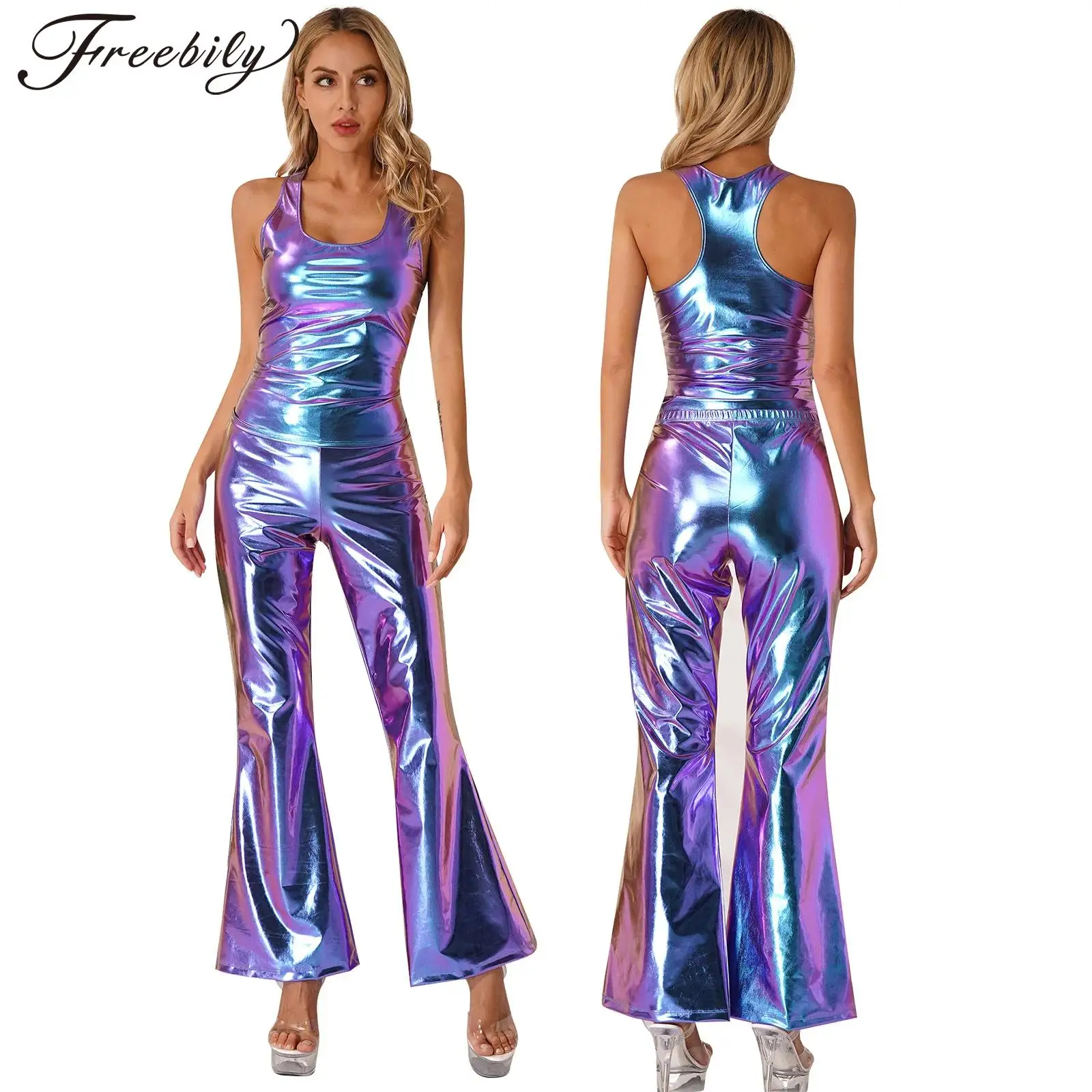 Women Metallic Shiny Costume Set Sleeveless Racer Back Tank Top with Flare Pants for Disco Dance 70's Theme Party Rave Clubwear