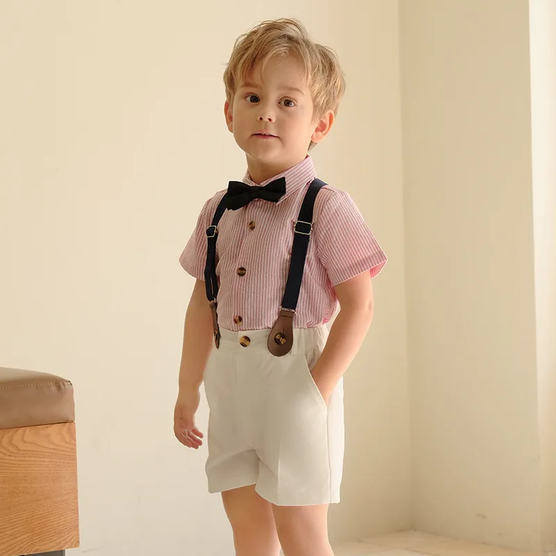 Baby Boys Clothing Set Kids Formal Strap Shirt Shorts Bowtie Wedding Birthday Dress Children Piano Dance Performance Costume