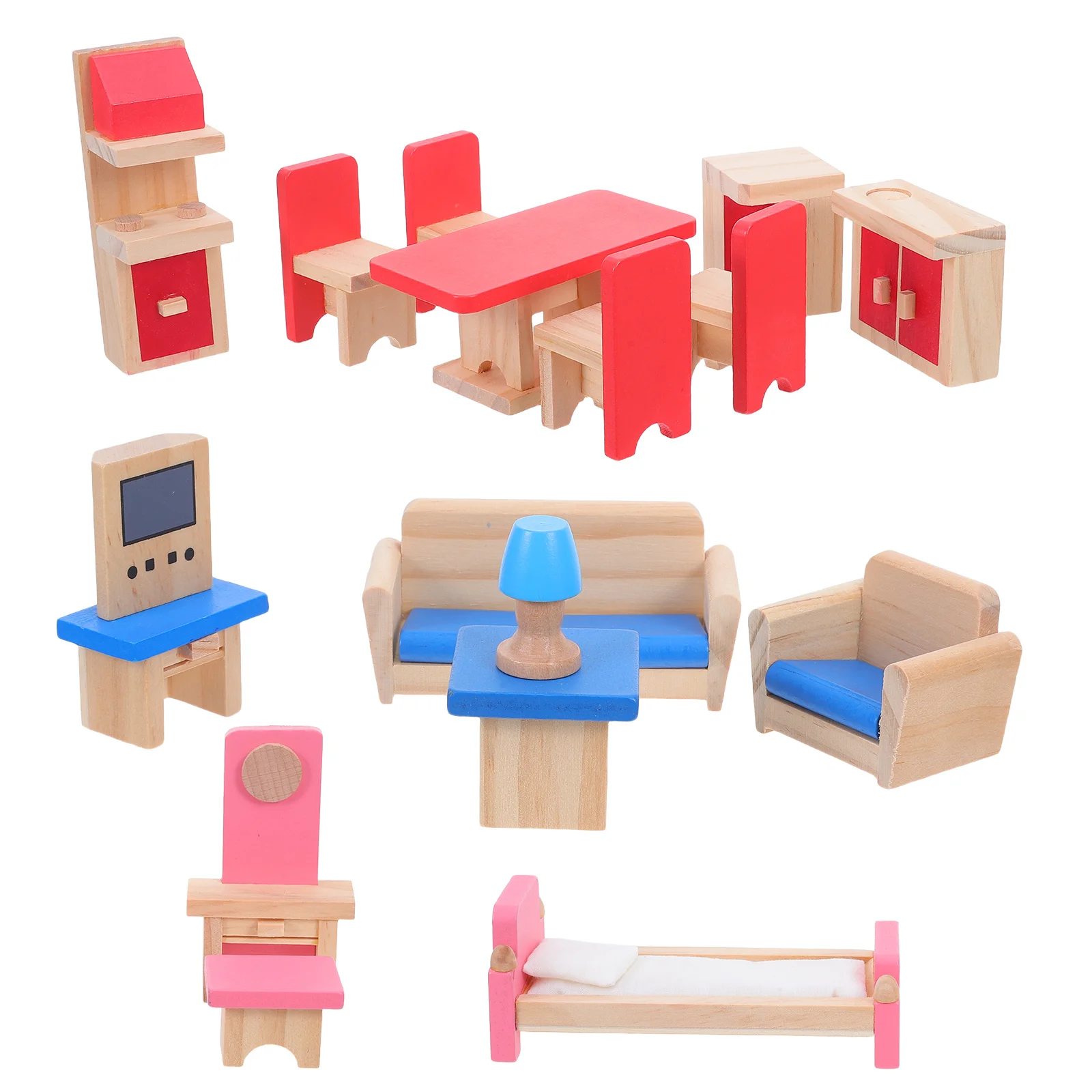 1-set kindersimulatiemeubels Houten miniatuur poppenhuismeubelset met slaapbank Dressoir Kaptafel Fantasiespel