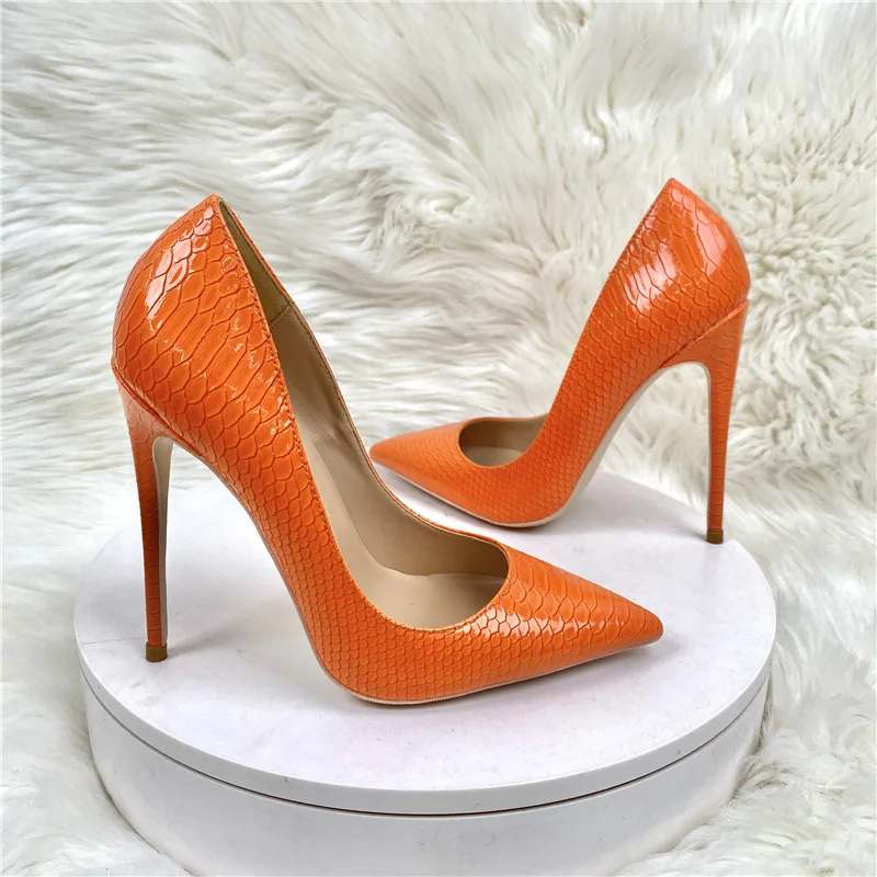 

Heelgoo Shiny Orange Crocodile Effect Women Sexy Pointy Toe High Heel Shoes 8cm 10cm 12cm Stiletto Pumps for Party Wedding Dress