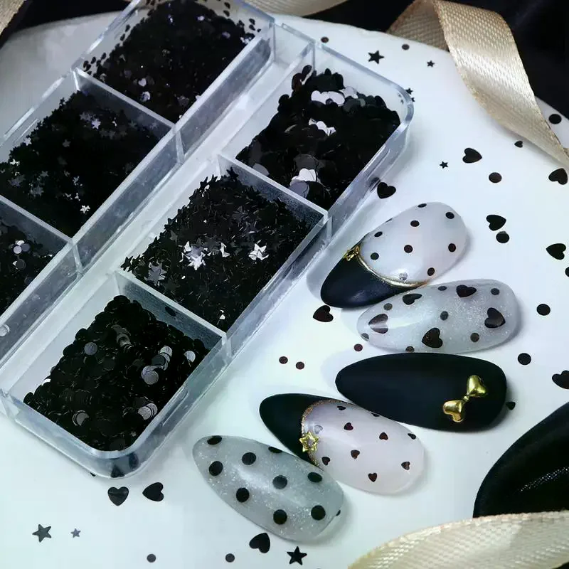 6 Grids/Box Round Black Dot Nail Art Glitter Sequins Vintage Manicure Star Heart Shape Shiny Nails Charms Decoration Accessories