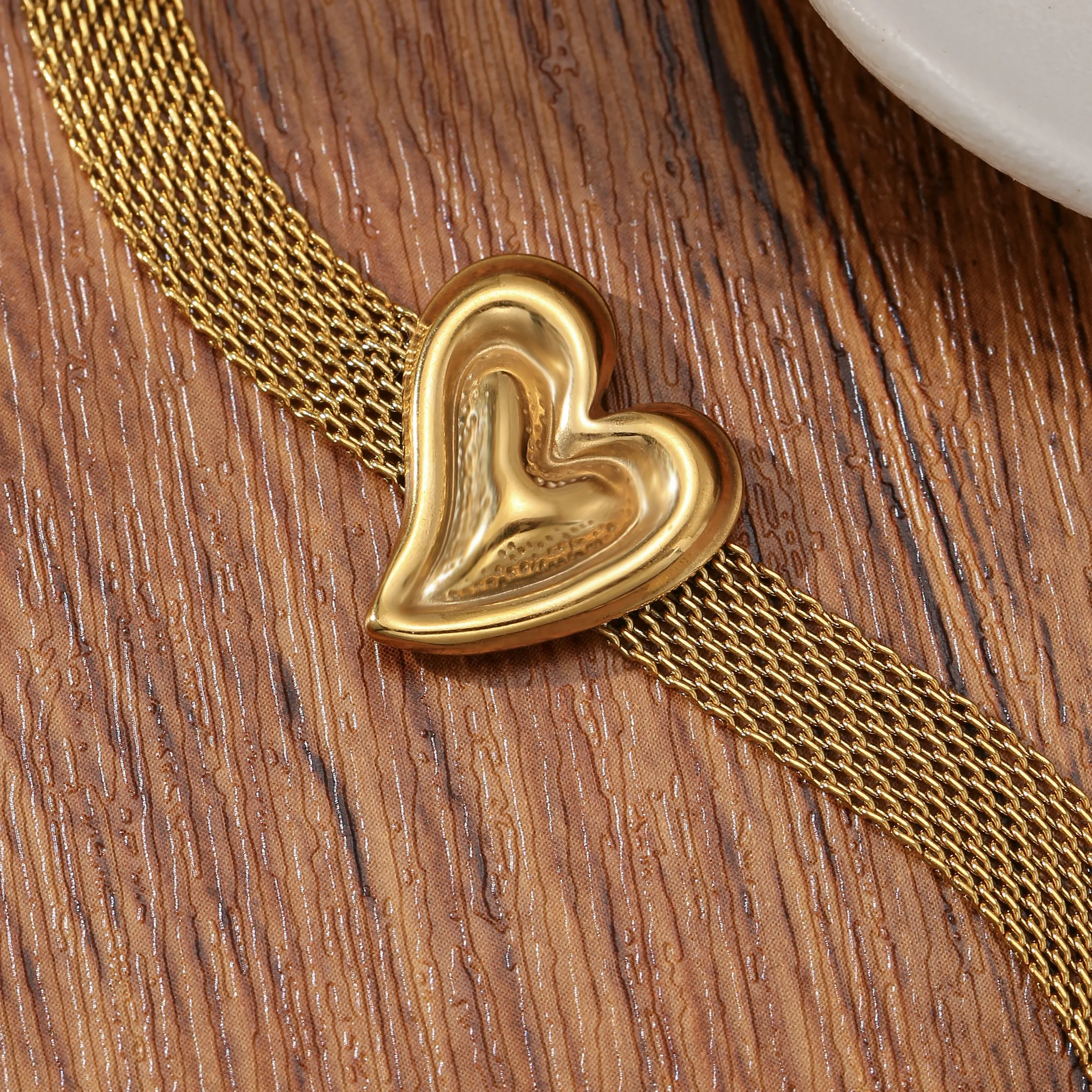 Golden Tone Stainless Steel Mesh Bracelet with 3D Heart Charm for Women