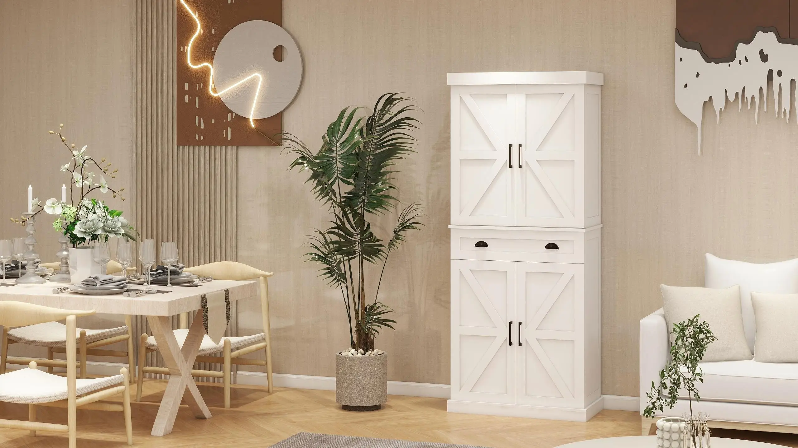 Stylish White for kitchen Pantry Storage Cabinet - Freestanding Cupboard with 4 Doors, 1 Drawer & 2 Adjustable Shelves for