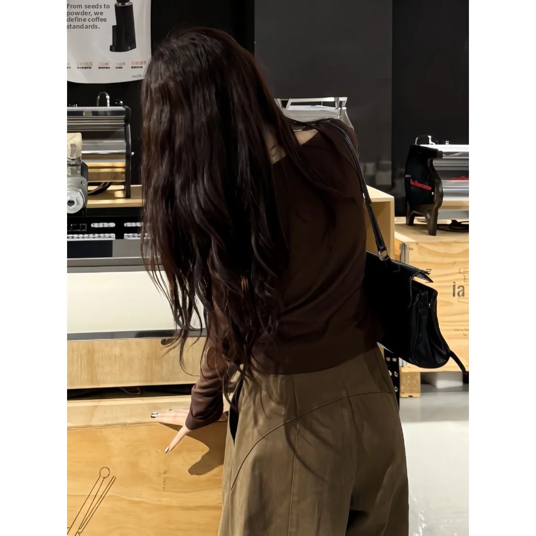 Ce Brown Long Sve Slim Fit T-irt Women's Early Autumn Base Layer irt plus Size Casual Sle Polyester Fabric