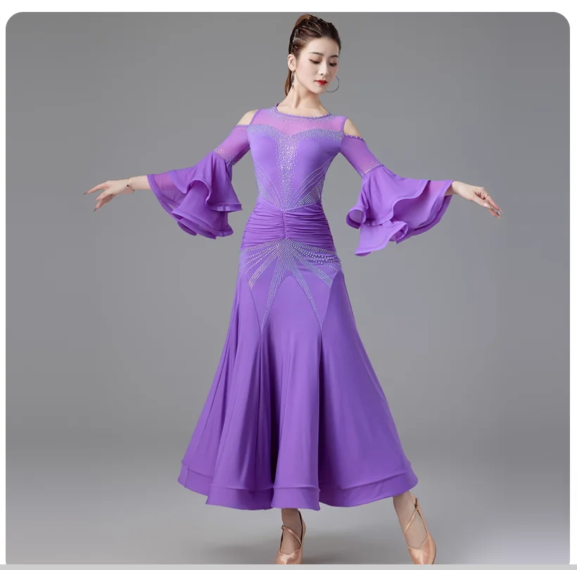 

Modern dance dress with diamond studded trumpet sleeves, ballroom dance big swing dress