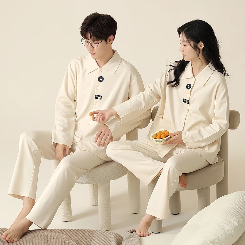 

Осенние пижамные комплекты для пар из 100% хлопка, женская одежда для сна с длинными рукавами, повседневные мягкие женские пижамы с отложным воротником