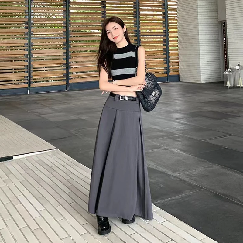 High Waist Black Pleated Skirt Autumn Korean Elegant Loose Preppy Suit Midi Skirt Y2K Ladies Solid All-Match A Line Skirts New