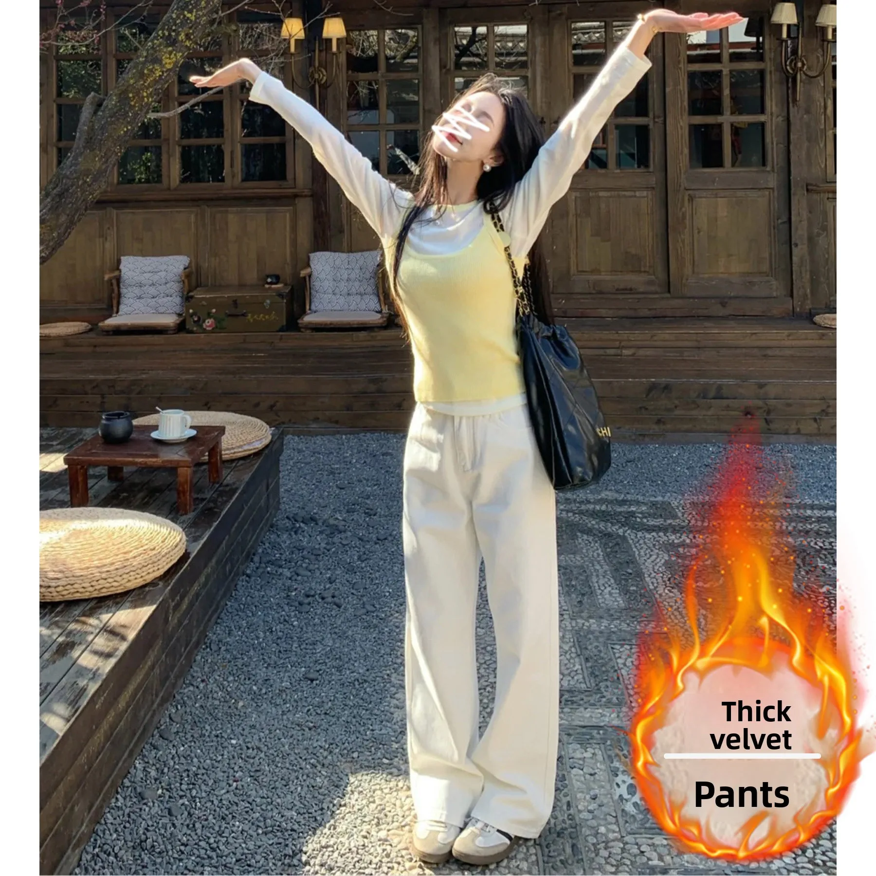 

High Waist Fleece Lined Wide Leg Jeans Women's Pear Shape Loose Slimming Drapey Narrow Version Floor Length Straight Cut Pant...