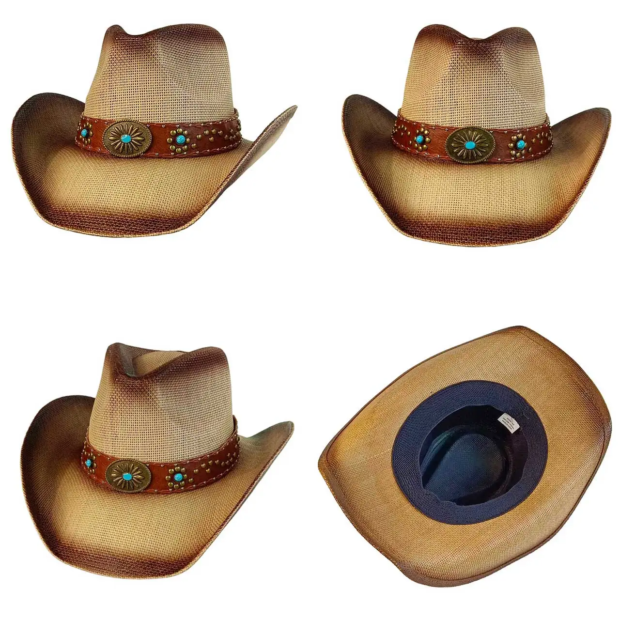 Turquoise accessories Cowboy straw hat Western-style wide-brimmed   unisex retro straw cowboy hat sombrero vaquero