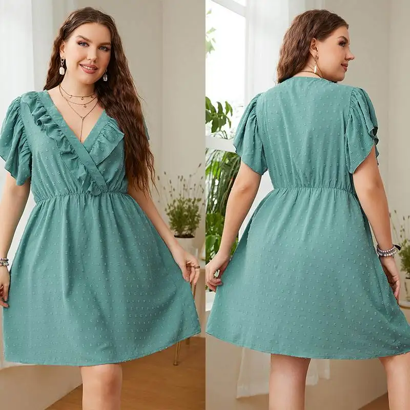 Verano de talla grande para mujer, vestido informal con escote en V profundo, falda acampanada Briti Sle, vestido de viaje de Color puro ort Sve